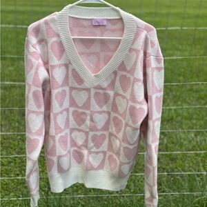 Pink Lily V-Neck Pink and White Sweater